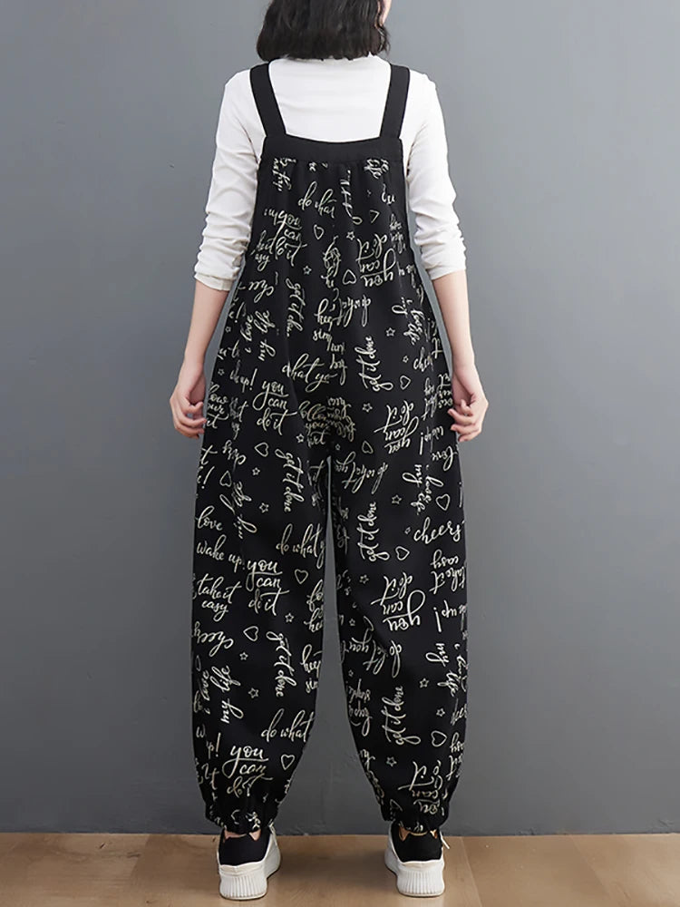 Fall Fashion Trouser Women Letter Print Loose Casual Cargo Cotton Denim Pants Female Simple Vintage Comfortable Lantern Jumpsuit