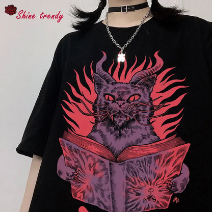 Summer Harajuku Goth Cat Y2k Harajuku Tops Women T Shirt Summer Print Short Sleeve Loose Plus Size Clothes Oversized T-shirt