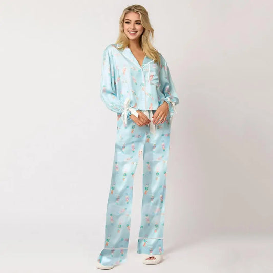 Women Pajama Set Women Lounge Set Festive Santa Print Christmas Pajamas Set with Satin Cardigan Top Wide Leg Pants for New