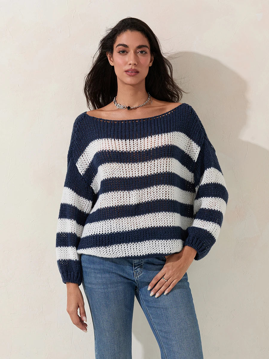 Women s Striped Sweater Vintage Loose Boat Neck Long Sleeve Pullover Tops for Fall Winter