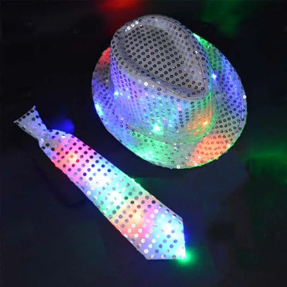 Kids Adult LED Light Up Tie Sequin Jazz Fedora Hat Flashing Neon Party Gift Costume Cap Birthday Wedding Halloween Christmas