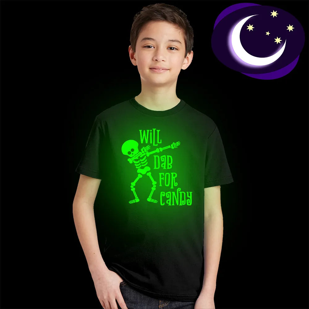 Will Dab for Candy Funny Kids Halloween Luminous T Shirt Children Short Sleeve Noctilucent T-shirts Toddler Glow In Dark Tees