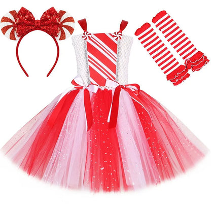 Girls Christmas Candy Cane Tutu Dress Outfits Red White Glittery Mrs Santa Claus Costume for Kids New Year Xmas Party Dresses