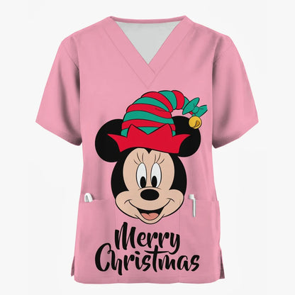 Disney Mickey Mouse Minnie print Christmas Scrub Tops Women Dentist Work Uniform Nurse Scrub Uniforms Medicals Dental Hospital