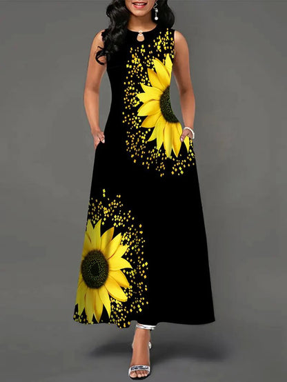 Chic Sunflower Sleeveless Maxi Dress - Vintage Floral, Teens' Casual All-Season Wear with Pocket