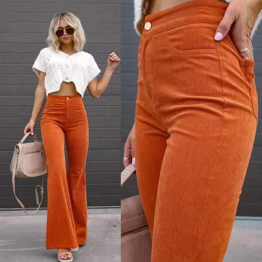 Elegant Pants for Ladies Fall Winter Girl Solid Color Mid-Rise Slim Flared Trousers Fashion Corduroy Elasticated Lounge Pants