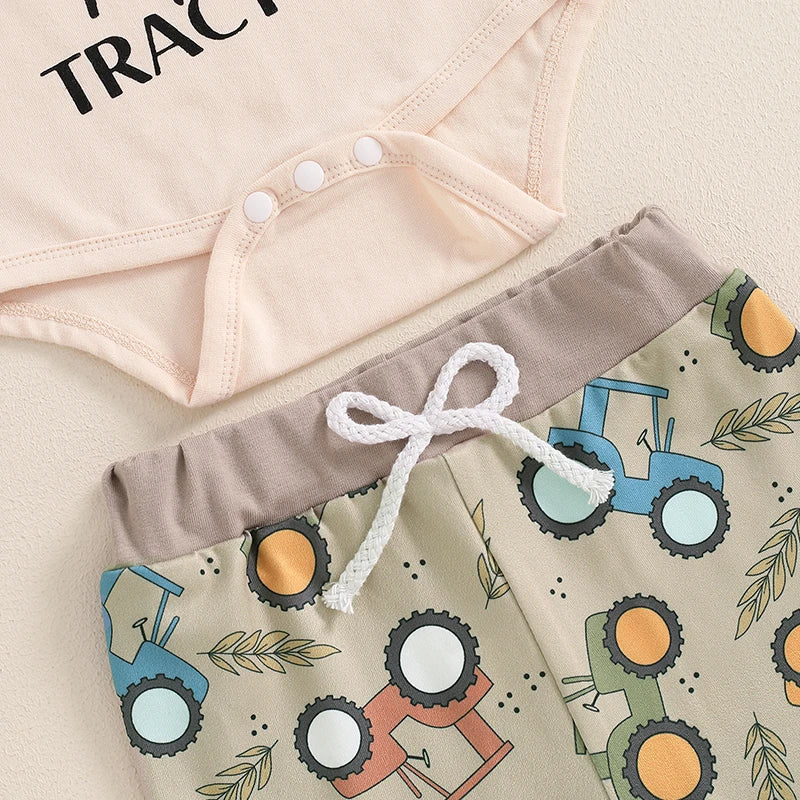 2024-06-01 Lioraitiin 0-18M Baby Boy Fall Outfit Letter Print Long Sleeve Romper and Tractor Print Pants Hat Spring 3 Piece Set