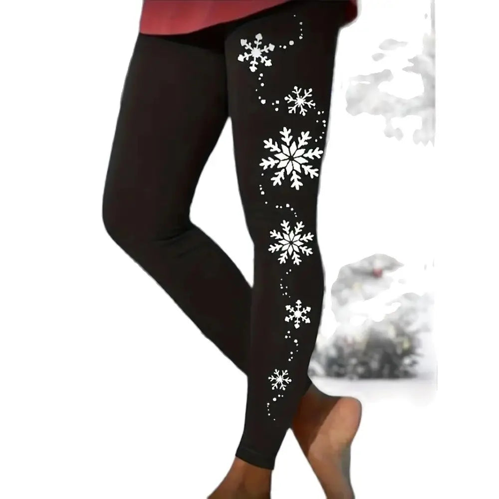 Christmas snowflake print elastic waist tight casual leggings for women festive atmosphere