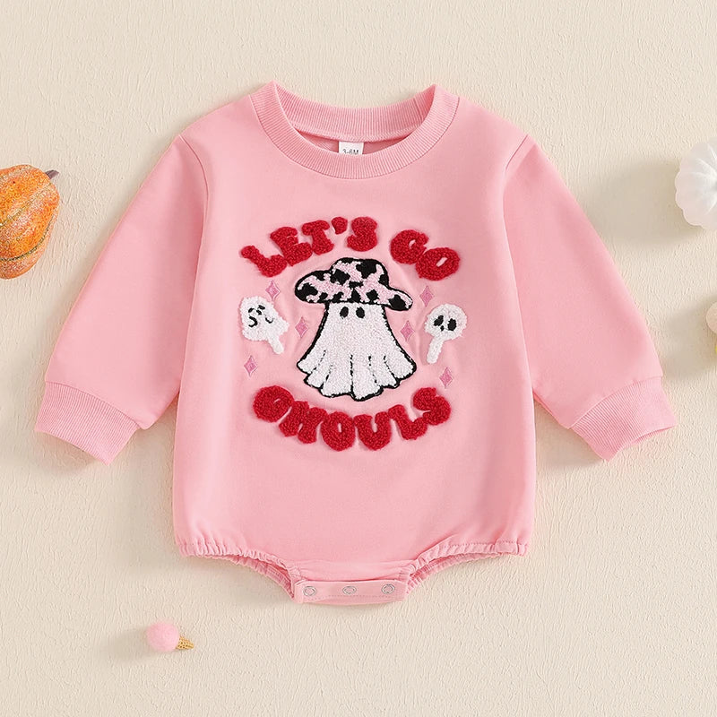 0-12M Baby Girls Halloween Rompers Letter Ghost Embroidered Patchwork Long Sleeve Round Neck Fall Cotton Bodysuits Jumpsuits