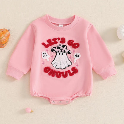 0-12M Baby Girls Halloween Rompers Letter Ghost Embroidered Patchwork Long Sleeve Round Neck Fall Cotton Bodysuits Jumpsuits