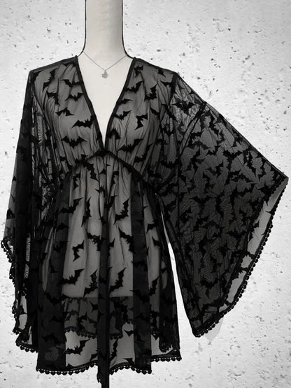 Yangelo Grunge Aesthetic Women Sexy See Through Dress Balck Goth Lace Vestios Chiffon Graphic Bat Nigh Club Clothes