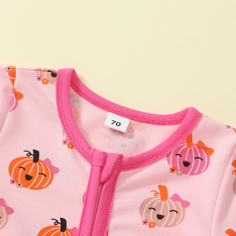 VISgogo Baby Girl Halloween Romper Pumpkin Print Zipper Front Long Sleeve Crew Neck Full Length Jumpsuit Newborn Fall Clothes