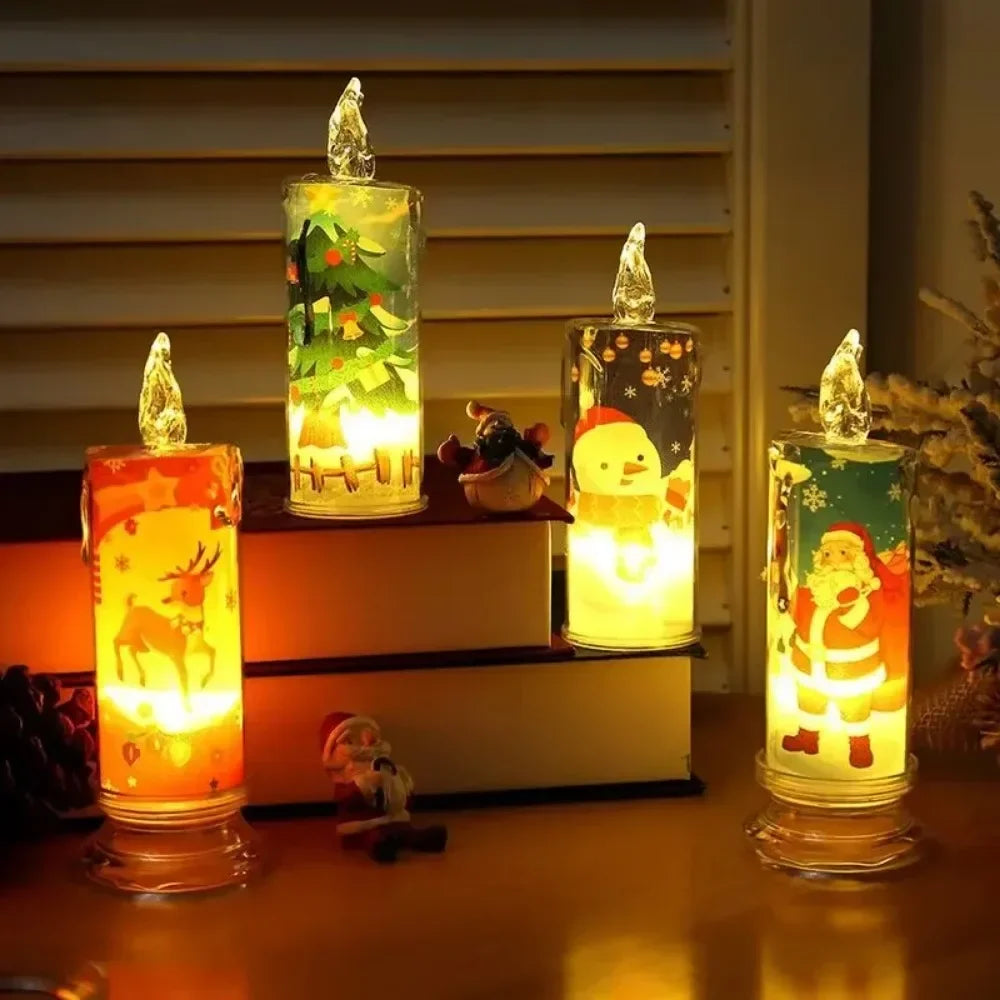 Electronic Candle Christmas Decoration Transparent Built-in Printed LED Simulation Flameless Candle Ambient Lighting Xmas Gift