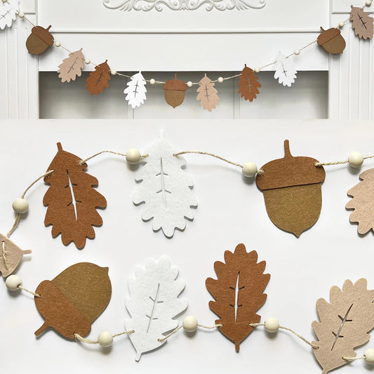 1pc Fall Garland Acorns and Oak Leaves, Neutral Autumn Banner, Felt Leaves and Wood Beads, Thanksgiving Home Decor