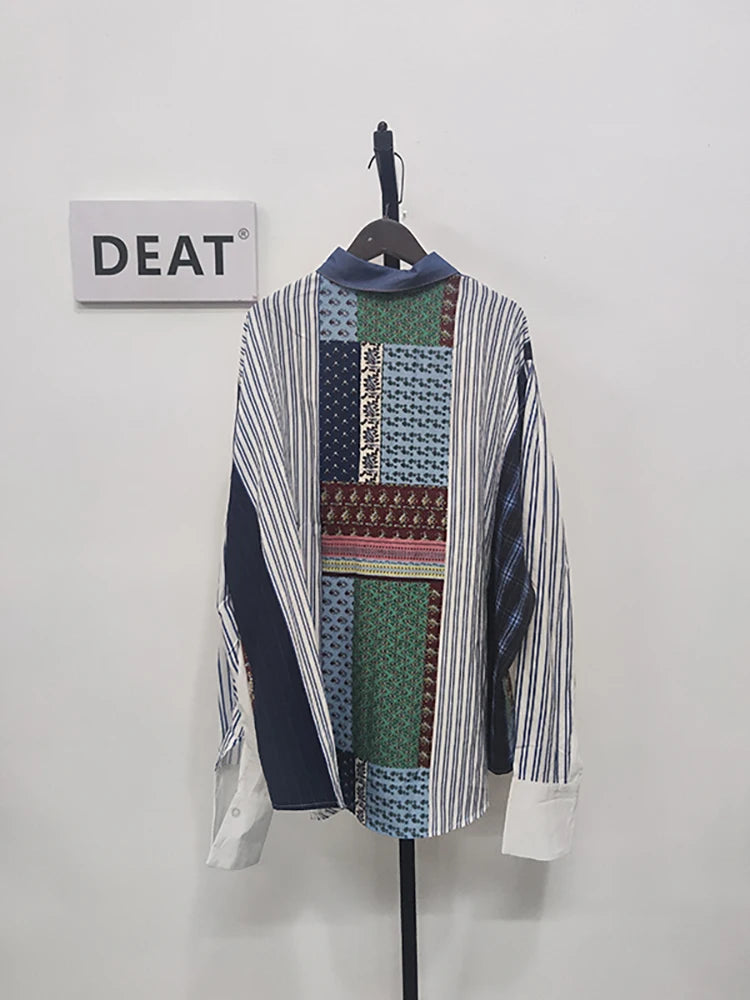 DEAT Women's Shirt Lapel Patchwork Denim Striped Printed Long Sleeve Single Breasted Loose Blouse 2024 Summer New Fashion 29L903