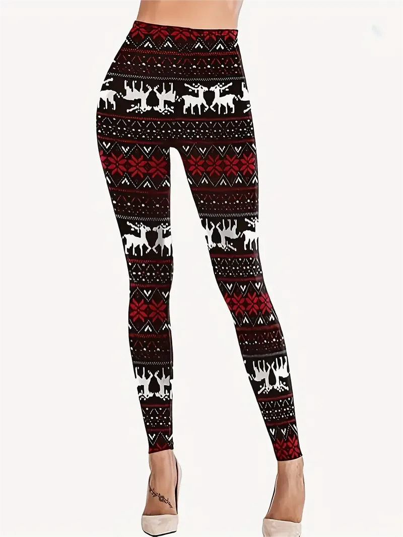 Christmas Elk & Snowflake Print Skinny Leggings  Vintage High Waist Stretchy Leggings Women's Clothing