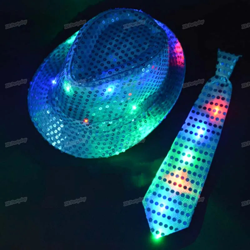 Kids Adult LED Light Up Tie Sequin Jazz Fedora Hat Flashing Neon Party Gift Costume Cap Birthday Wedding Halloween Christmas