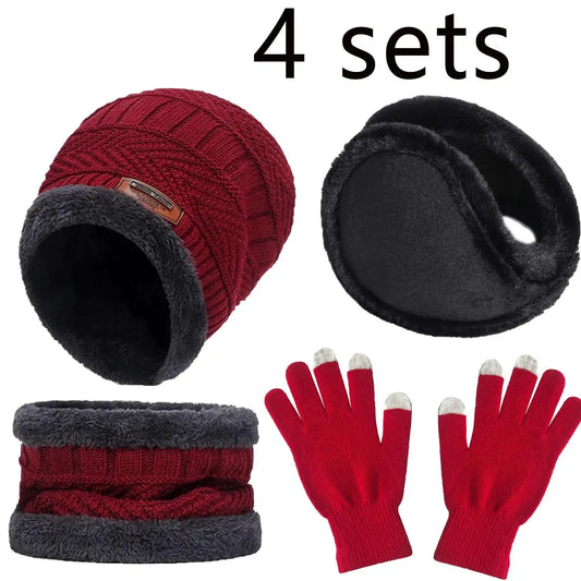 4pcs sets Winter Warm Velvet men Hat Scarf Gloves Set For men and women Girls Outdoor Riding Hat Beanies Neck Protection Scarf C