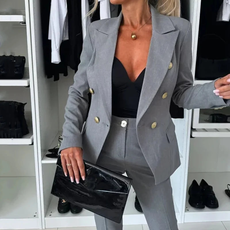 Wefads Autumn Two Piece Suit Office Fashion Solid Lapel Long Sleeve Double Button Top Straight With Pockets Pants Set Streetwear