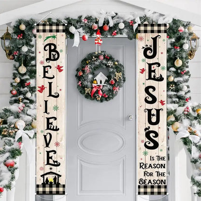 Jesus Banners for Outside Christmas Nativity Scene Decorations 2X Black White Buffalo Plaid Banner Weather-Proof Home Decor for