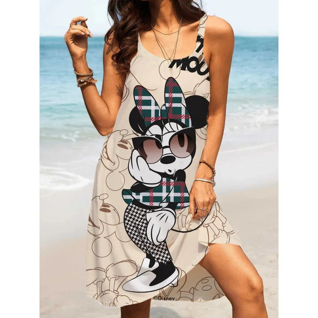 Women's Beach Dresses Disney-Mickey Minnie Dresses for Women 2024 Summer Fashion Sling Print Sexy Skinny Seaside Casual Oversize