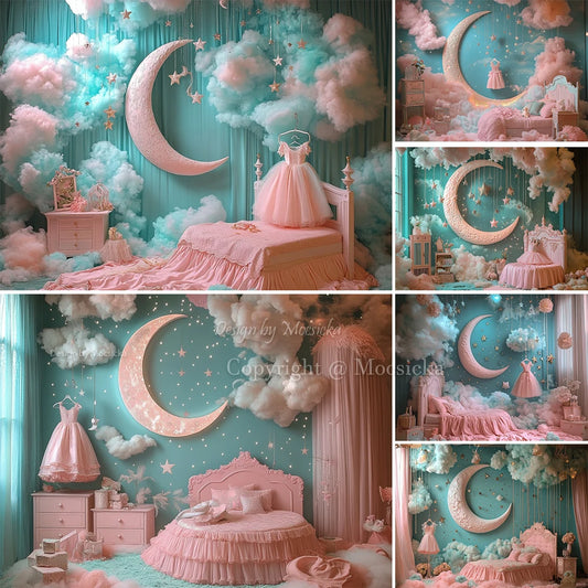 Princess Girl Birthday Party Night Photography Background Blue Pink Smoke Moon Star Boudoir Backdrop Kid Cake Smash Photo Studio