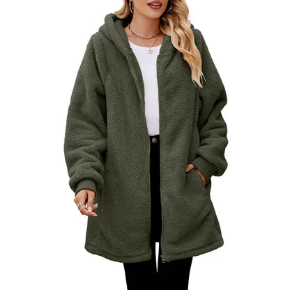 Women's Oversized Plush Jacket Solid Color Zippers Hooded Streetwear Cardigan Autumn And Winter Fleece Outerwear Chaquetas