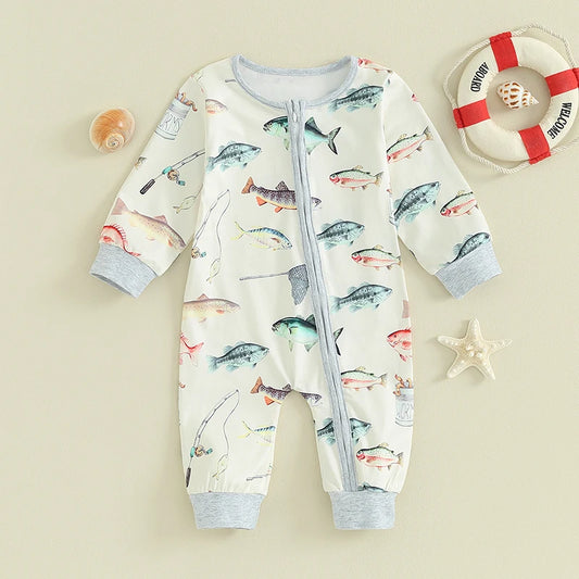 Baby Jumpsuit Long Sleeve Crew Neck Fish Print Zipper Closure Fall Romper Clothes for Boys Girls