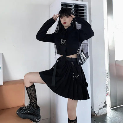 EMO Gothic Cargo Shirt Suit E Punk Chain Ribbon Skirts Goth Dress Autumn Streetwear Harajuku Black Grunge Aesthetic Clothes