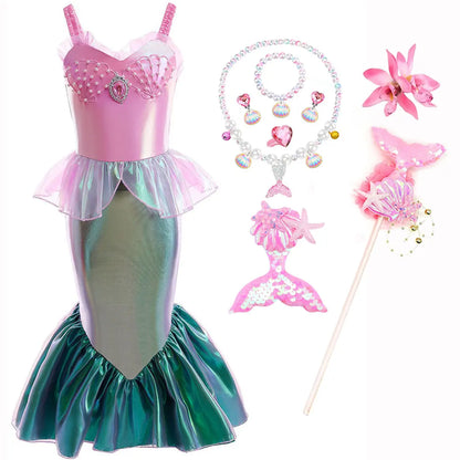 Disney Halloween Festival Mermaid Ariel Cosplay Dress for Girl Christmas Carnival Pink Pearl Inlay Clothing Ball Gown Dress Suit