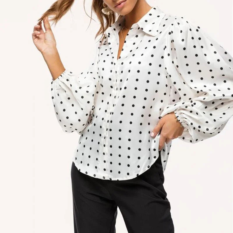 White Black Polka Dot Blouse Women Tops New Autumn Spring Cardigan Women Shirts Loose Lantern Sleeve Ladies Clothing 12372