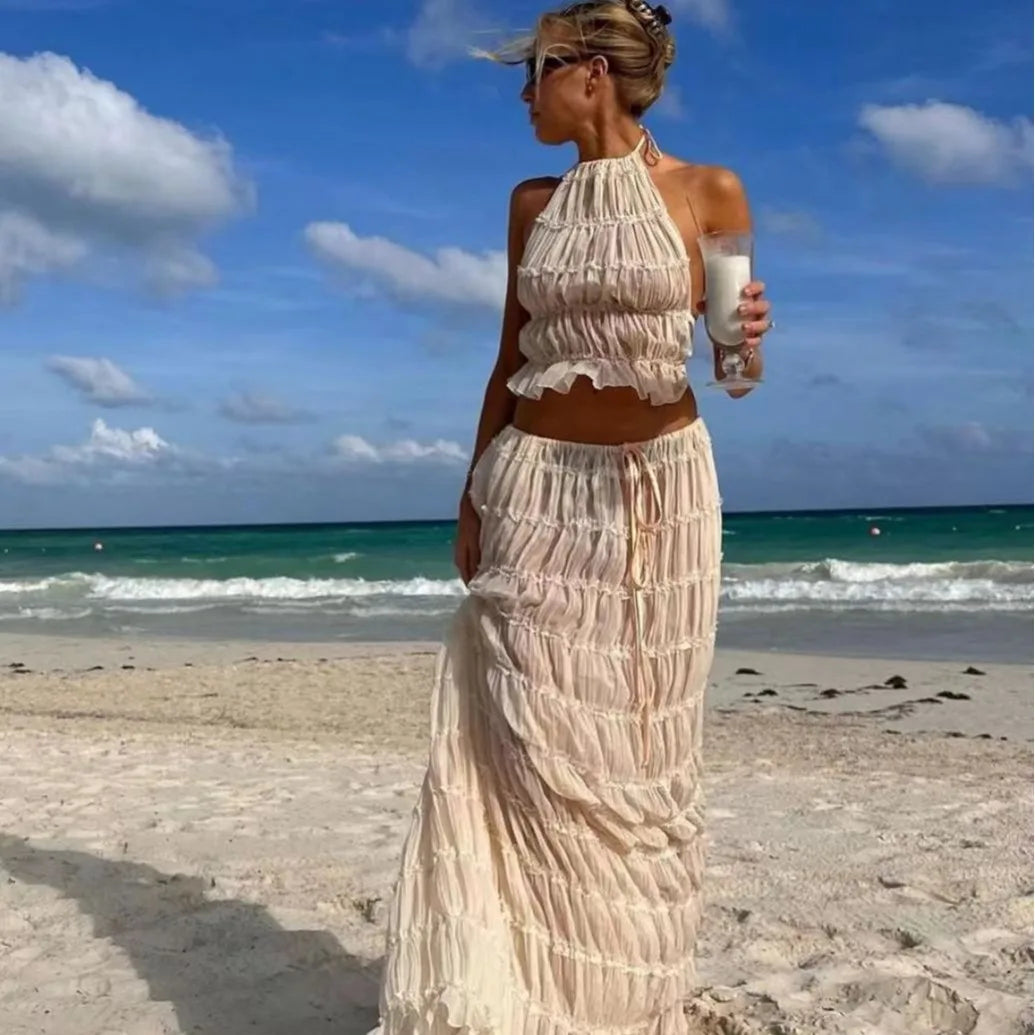 Fashion Halter Neck Long Skirt Suit Women Backless Sling Top Lace Up Fold Maxi Skirts 2024 New Summer Female 2 Piece Set Outfits