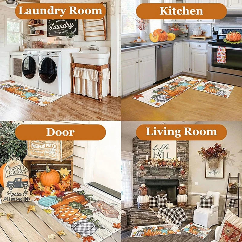 Kitchen Mat Absorbent Bathroom Rug Non-Slip Entrance Doormat Halloween Thanksgiving Day Home Decoration Cartoon Pumpkin Foot Mat