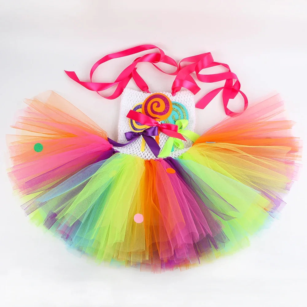 Rainbow Candy Lollipop Costume for Girls Birthday Party Tutu Princess Dress Ball Gown Kids Carnival Christmas Halloween Clothes