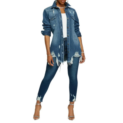 Women Jeans Jackets Spring Summer Ripped Denim Vintage Casual Denim Jacket Long Sleeve Female Chic Coat Streetwear 2024