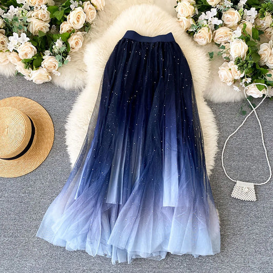 Women'S Fairy Tulle Skirt Starry Sky Gradient Color Mesh Skirt High Waist A Line Pleated Skirt Sequin Skirt Vestidos Para Mujer