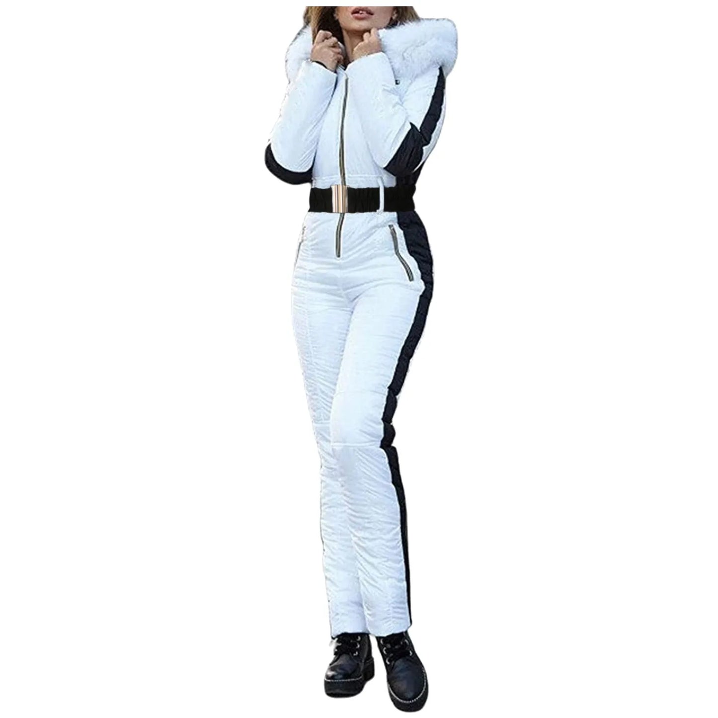 Women One Piece Ski Jumpsuit With Fur Collar Outdoor Sports Zipper Overalls Cotton Bodysuitski Suit Winter Hooded Parka Jumpsuit