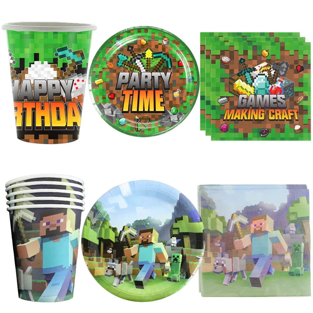 Miner Crafting Pixel Video Game Party Decor Disposable Tableware Cup Plate Tablecloth Balloon Baby Shower Kid Boy Party Supplies