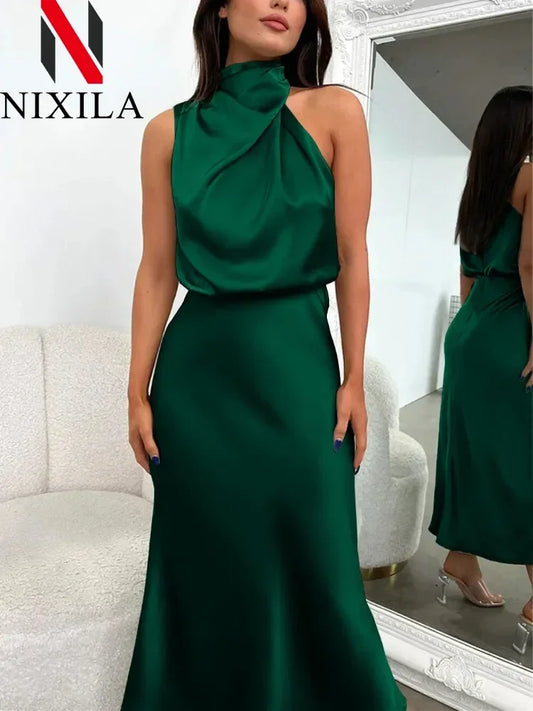 New Wedding Satin Silk Women Dresses Sexy Evening Party Sleeveless Off Shoulder Bodycon Elegant Maxi Dresses for Women Clothes