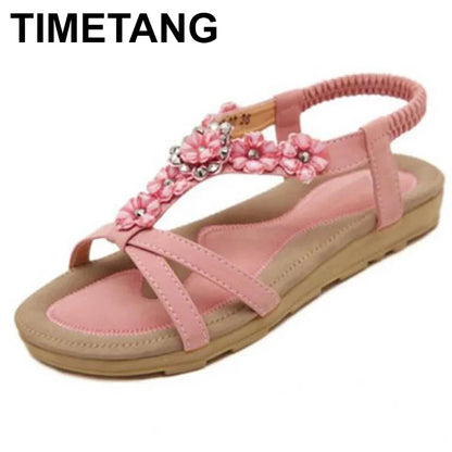 TIMETANGComfortable Flat Heel Sandals Women Large Size Summer Shoes Woman Bohemia Flowers Rhinestone Beach Ladies Shoes