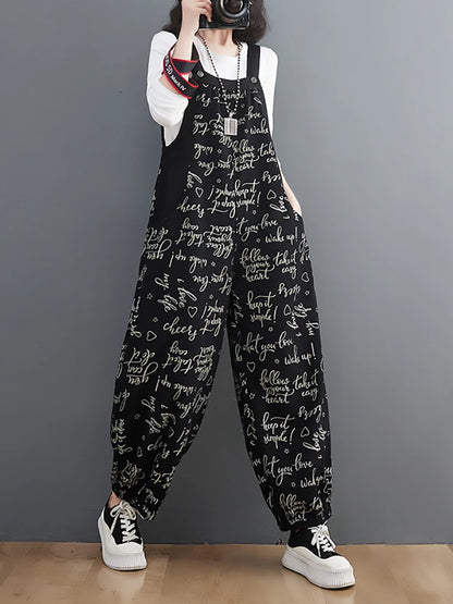 Fall Fashion Trouser Women Letter Print Loose Casual Cargo Cotton Denim Pants Female Simple Vintage Comfortable Lantern Jumpsuit