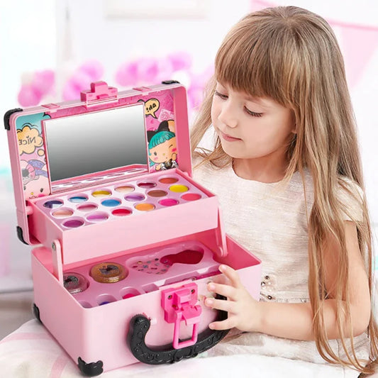 Kids Makeup Box Suitcase Girls Toys Cosmetics Set Simulation Make Up Kit Lipstick Eye Shadow Safety Nontoxic Girls Birthday Gift