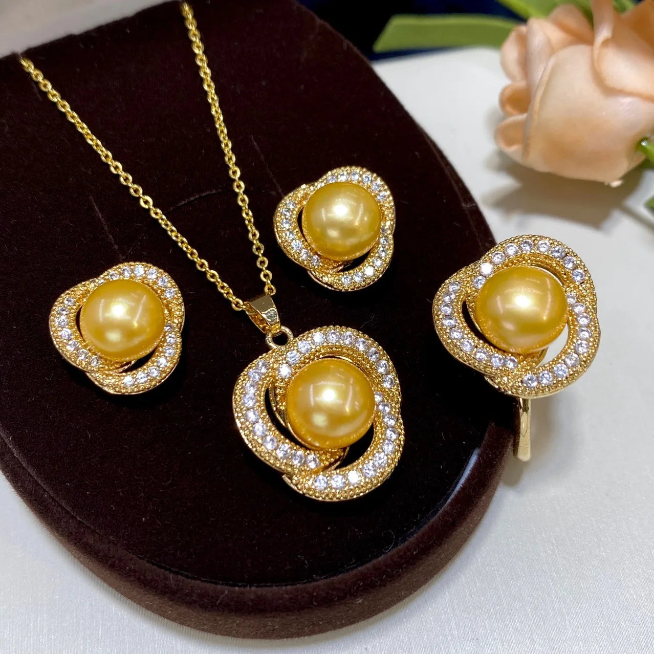 one Set freshwater pearl yellow  pendant necklace earring Ring FOR WOMAN FAHSION