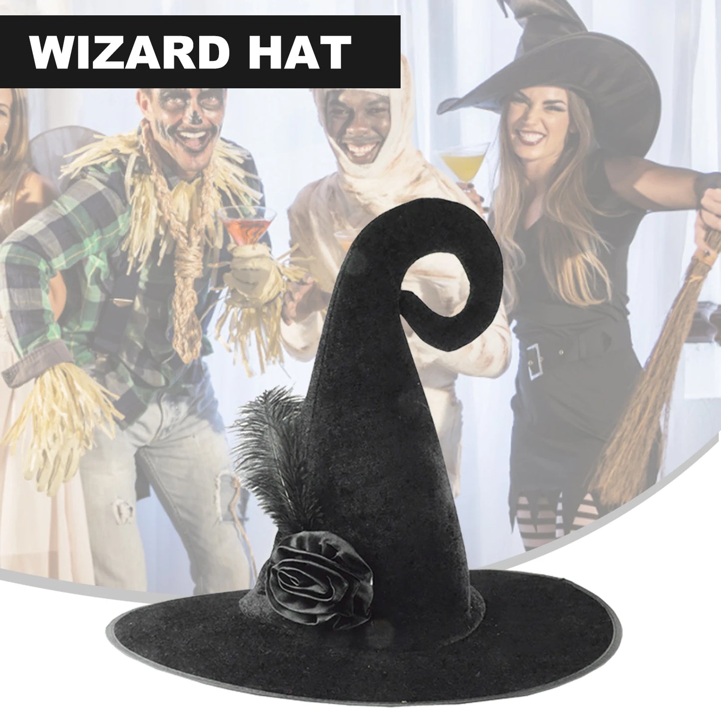 Halloween Wide Brim Witch Hat with Feather Rose Cosplay Wizard Caps Versatile for Women Men Masquerade Party