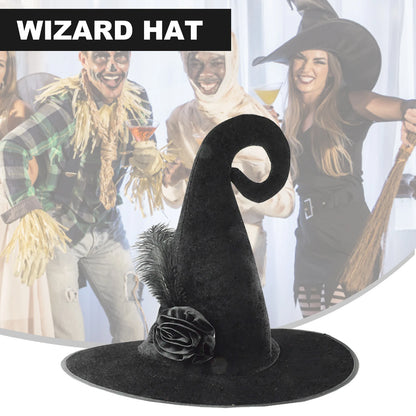 Halloween Wide Brim Witch Hat with Feather Rose Cosplay Wizard Caps Versatile for Women Men Masquerade Party