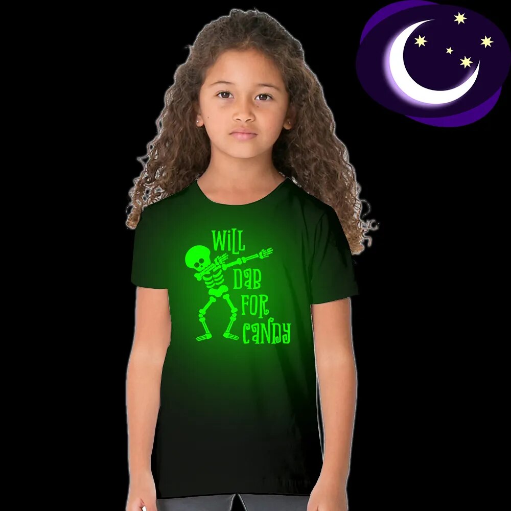 Will Dab for Candy Funny Kids Halloween Luminous T Shirt Children Short Sleeve Noctilucent T-shirts Toddler Glow In Dark Tees