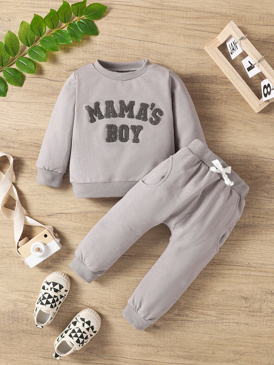 Autumn & Winter Newborn Baby ‘MAMA'S BOY’ Letter Embroidered Long Sleeved Pants Two-Piece Set