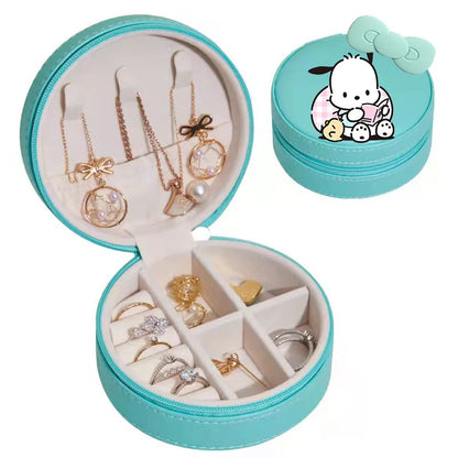 Sanrios Cinnamoroll Kuromi Mymelody round Jewelry Storage Box PU Leather Earrings Necklace Ring Jewelry Organizer Container Gift