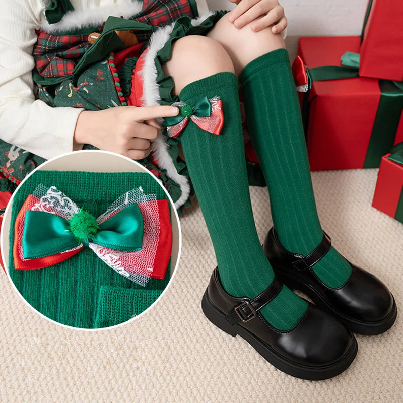 Baby Girls Christmas Socks Autumn Winter 2024 New Kids Cute Red Green 3D Bowknot Appliques Xmas Long Socks Fashion Children