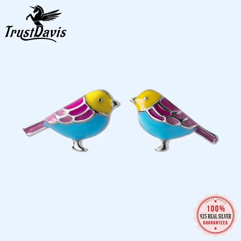 Trustdavis 100% 925 Sterling Silver Women's Jewelry Fashion Cute Color Birds Stud Earrings For Women Daughter Girls Gift DA303